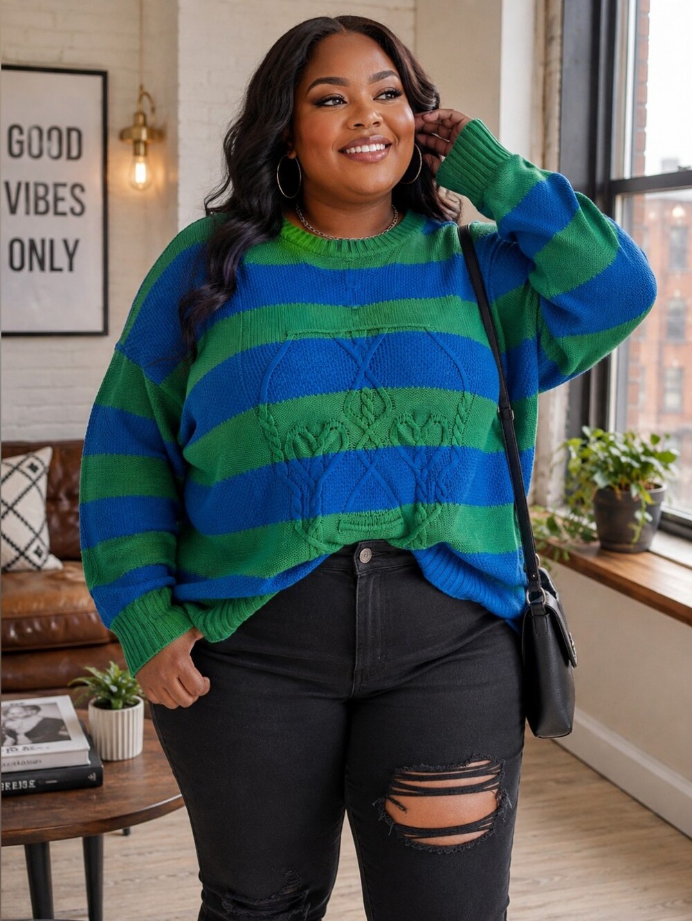 TORRID Lovesick Skull Stitch Pullover Sweater Blue Green Striped Skeketon